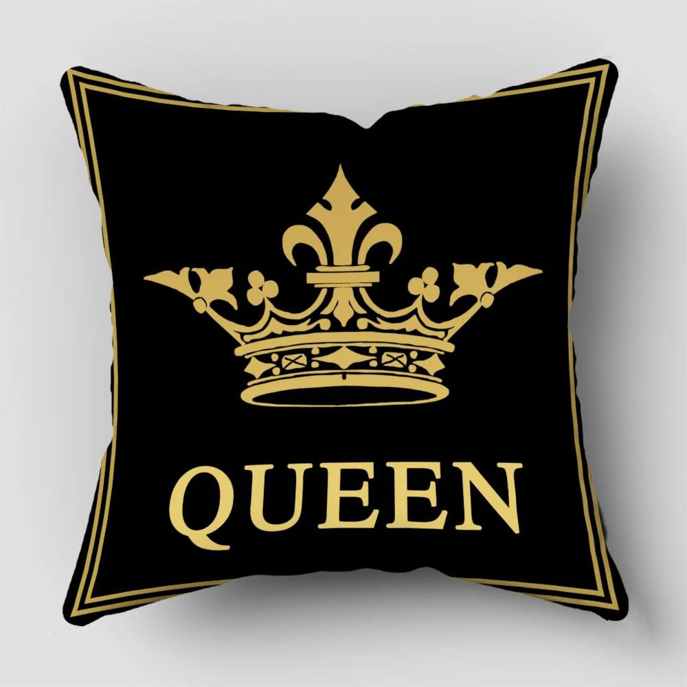 Negro Y Dorado Rey Y Reina Letra Cuadrado Decoración Hogar Oficina Funda De Almohada Cojín Almohada Suave Y No Destiñe