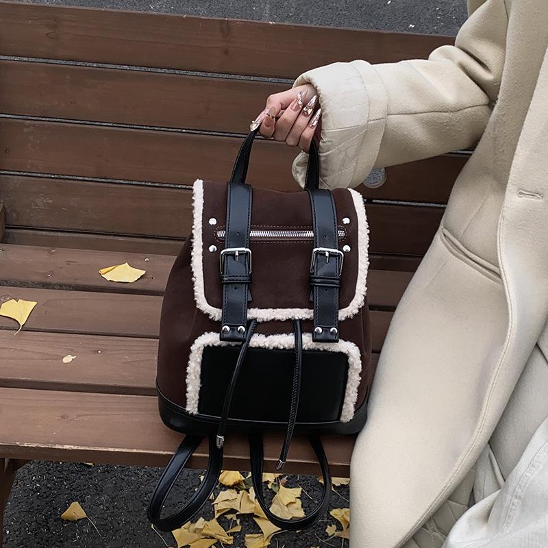 Autumn and winter retro matte drawstring backpack women's new lamb wool splicing texture portable backpack