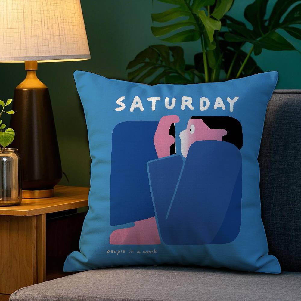 Home Decor Weekday People Illustration Print Pillowcase Pattern Cushion Cover Suitable for Sofa Bedroom Car Pillow Cover