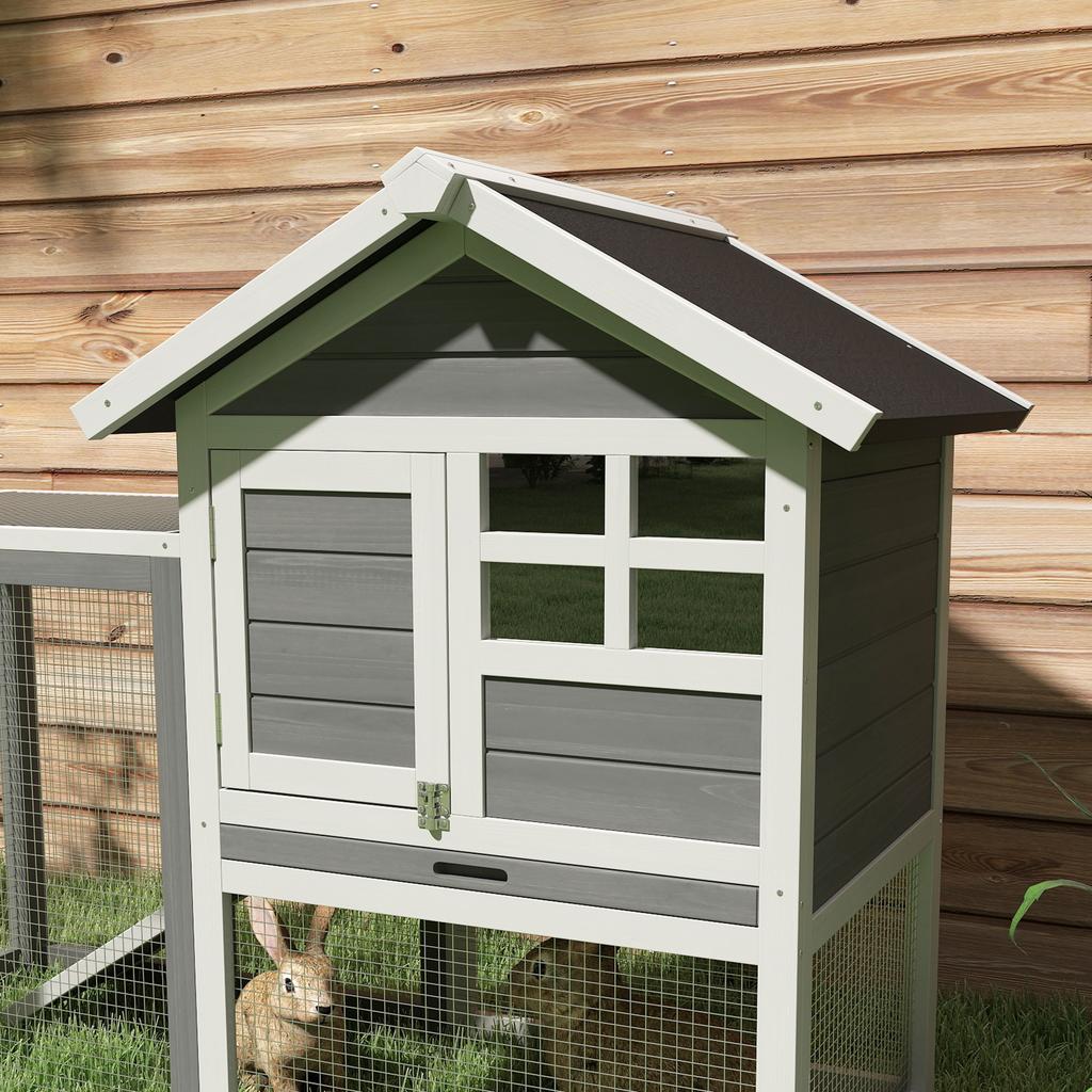 Multi-Equipped Rabbit Hutch Cage: Upper House with Ramp, Droppings Tray, Window + Outdoor Run