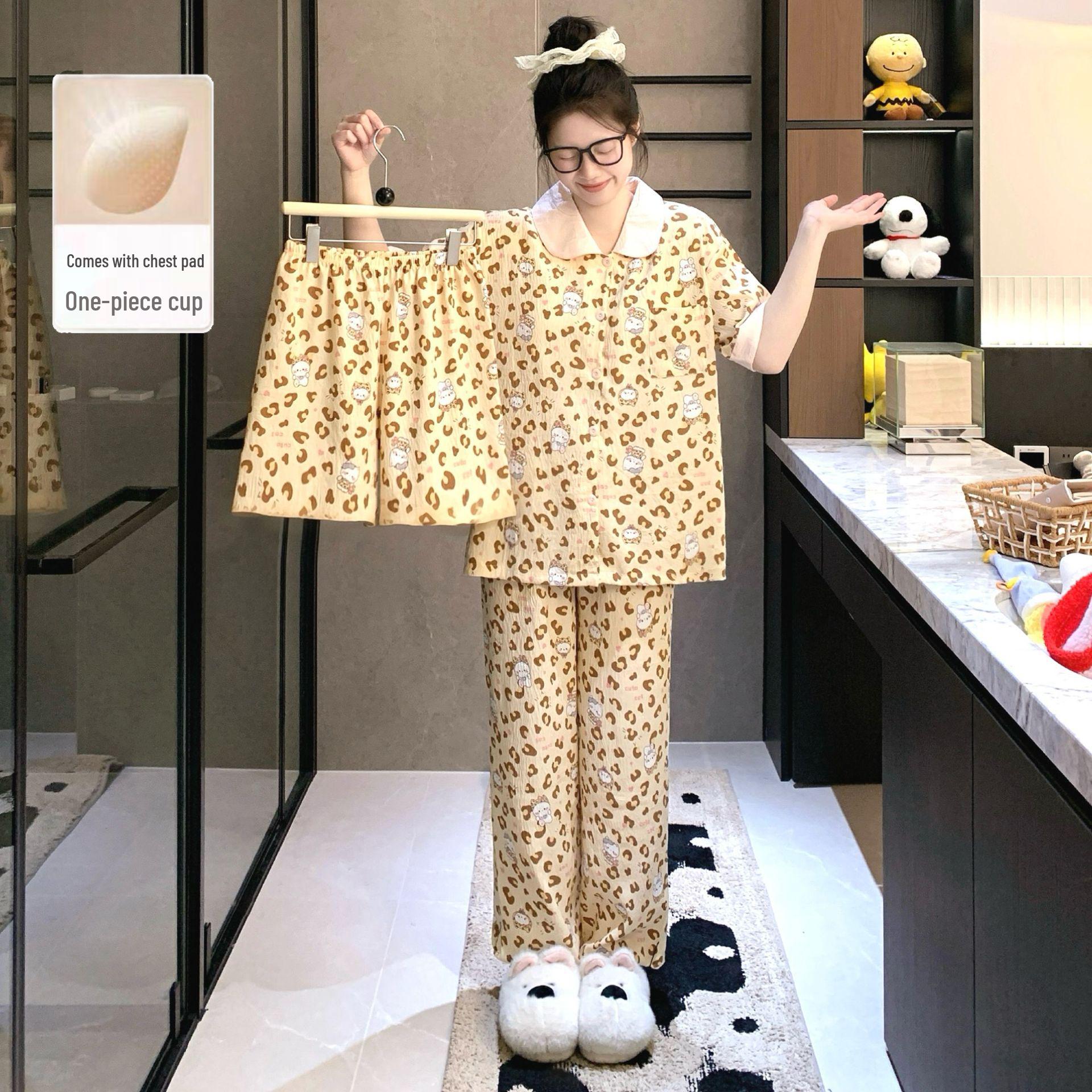 Women s Summer Cloud Cotton Pajama Set: Cartoon Short Sleeve Top, Shorts, and Long Pants with Chest Pads