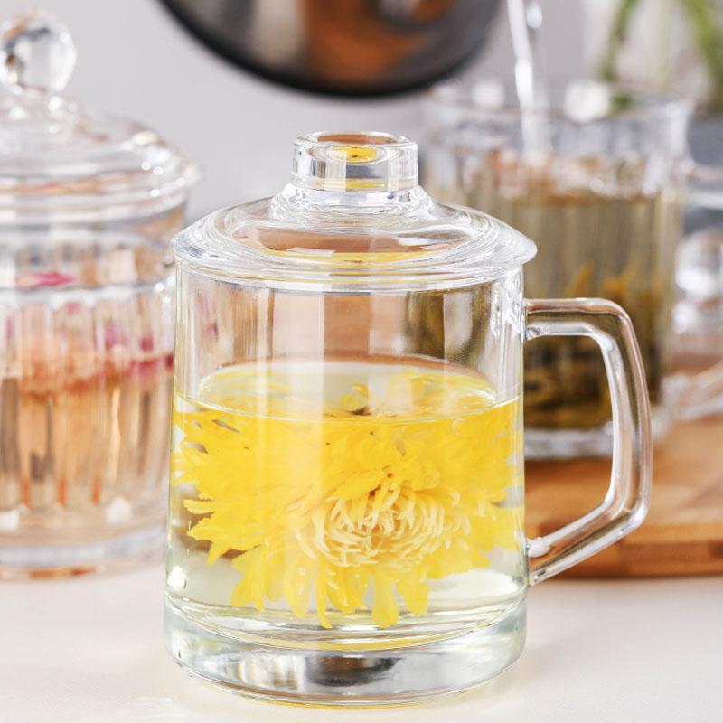 Glass Tea Cup Flower Clear Lead-Free Coffee Mugs with Handle and Lid Tea Cup for Women Birthday Valentines Wedding Gifts