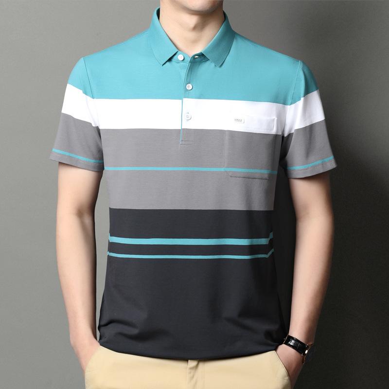 

Летняя полосатая футболка с половиной рукавов, мужская рубашка с короткими рукавами, мужская рубашка-поло с карманами и лацканами среднего возраста, одежда для папы XXXL