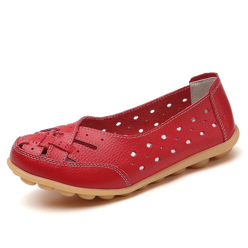 Women's Breathable Perforated Leather Flat Shoes Comfortable Massage Sole Casual Loafers for Daily Walking