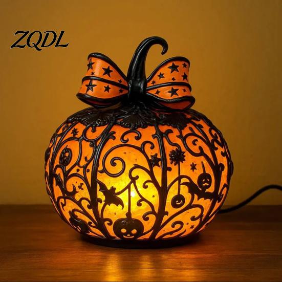 Halloween Themed Light 1/2Pcs Bow Pumpkin Light, Stained Glass Desk Lamp, Warm Night Spooky Jack-O-Lantern Nigh Decoration for Home Office