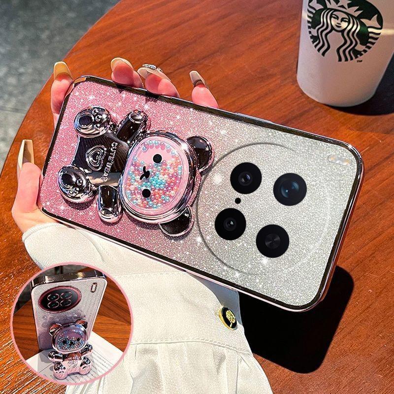 For Vivo X300 Ultra X300 FE Case with Gradient 3D Bear Folding Stand Bracket Luxury Slim Plating Glitter Girls for Vivo X300 Pro Back Cover