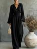 2026 Women's Solid Color V-Neck Waist Jumpsuit Long Sleeve High Waist Skinny Wide Leg Pants Vacation Set