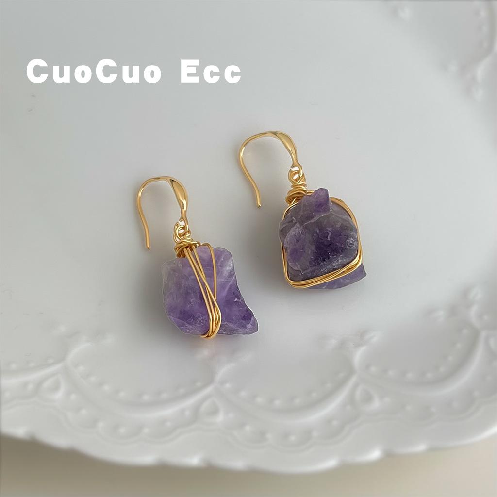Amethyst natural stone gravel cool feeling new Guochao new Chinese handmade earrings earrings
