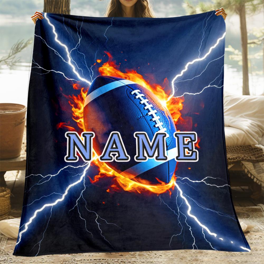 

Custom name blue lightning rugby fleece blanket, suitable for sofa, bed, birthday, children, boys, friends, gifts 76x102cm
