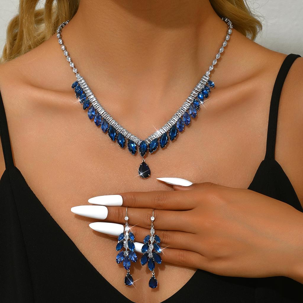 3PC Women's Fashion Zircon Water Drop Necklace Earrings Zircon Set Design Sense Wedding Party Festival Gift-8553