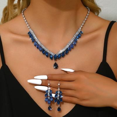 Set di 3 pezzi Moda Donna Zircone Goccia d'Acqua Collana Orecchini Set Zircone Senso del Design Matrimonio Festa Festival Regalo-8553