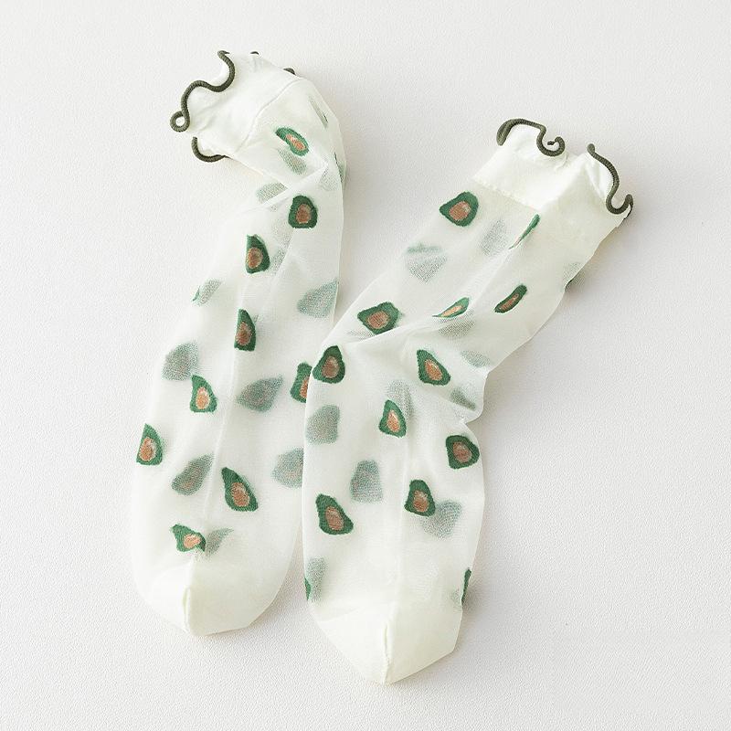 Dünne Strümpfe mit Fruchtdruck und gerollten Kanten für Damen Erdbeere Niedlich Lolita JK Kristallstrümpfe