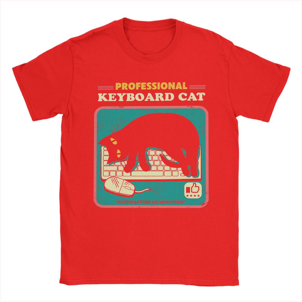 Funny Cat Playing Computer Games Keyboard T-Shirt for Men Round Collar Cotton T Shirt Short Sleeve Tee Shirt Printed Tops