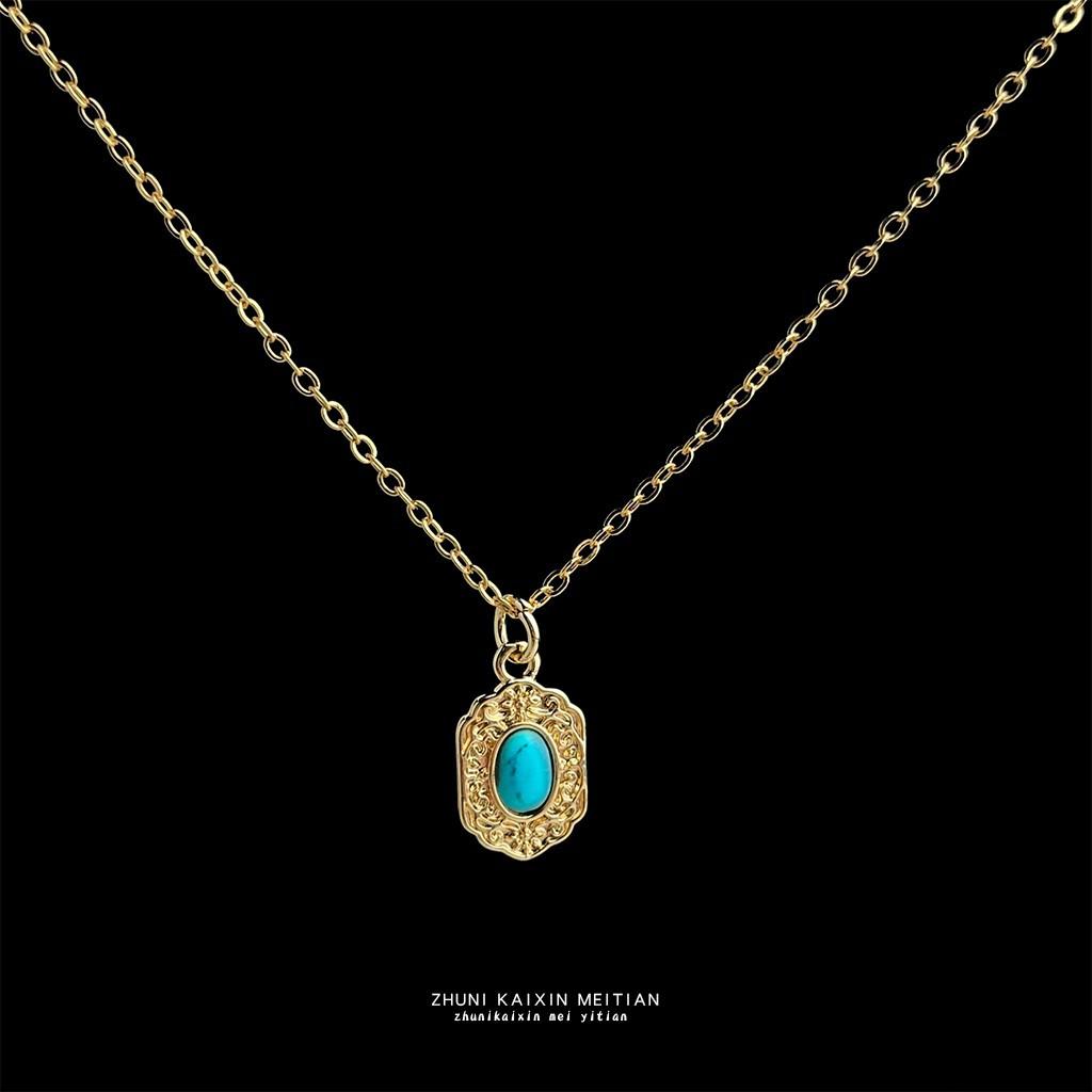 Thick-plated 18K Real Gold Strong Color Retention Synthetic Turquoise Geometric Literary and Retro Commuting Necklace, Collarbone Chain
