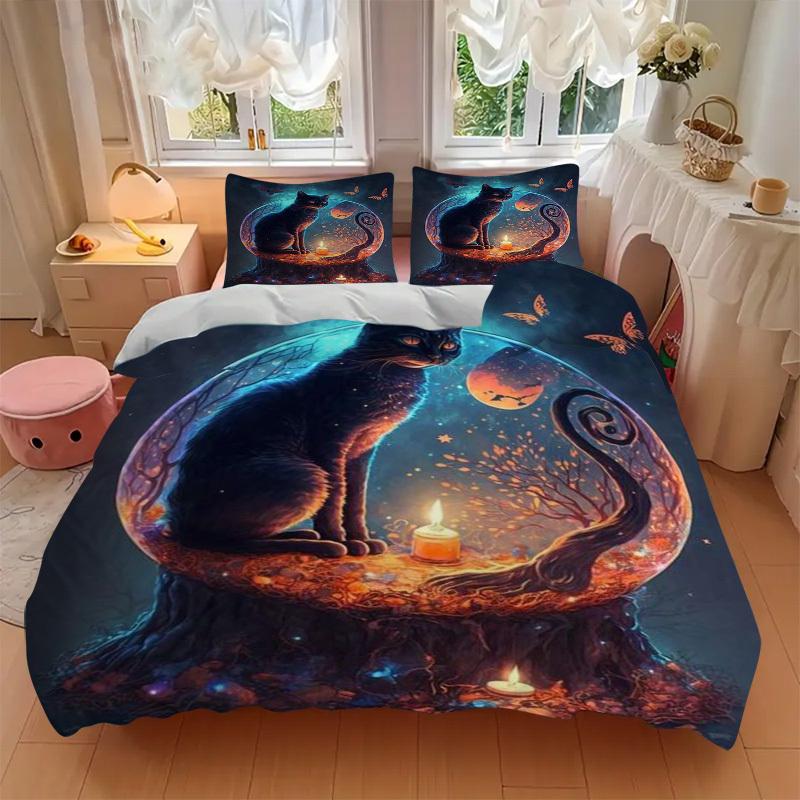3pcs Anime Cat Moon and Butterflies Bedding Set - Includes One Quilt Cover and Two Pillowcases (No Core) - Home Decor, Festival Gift, Polyes