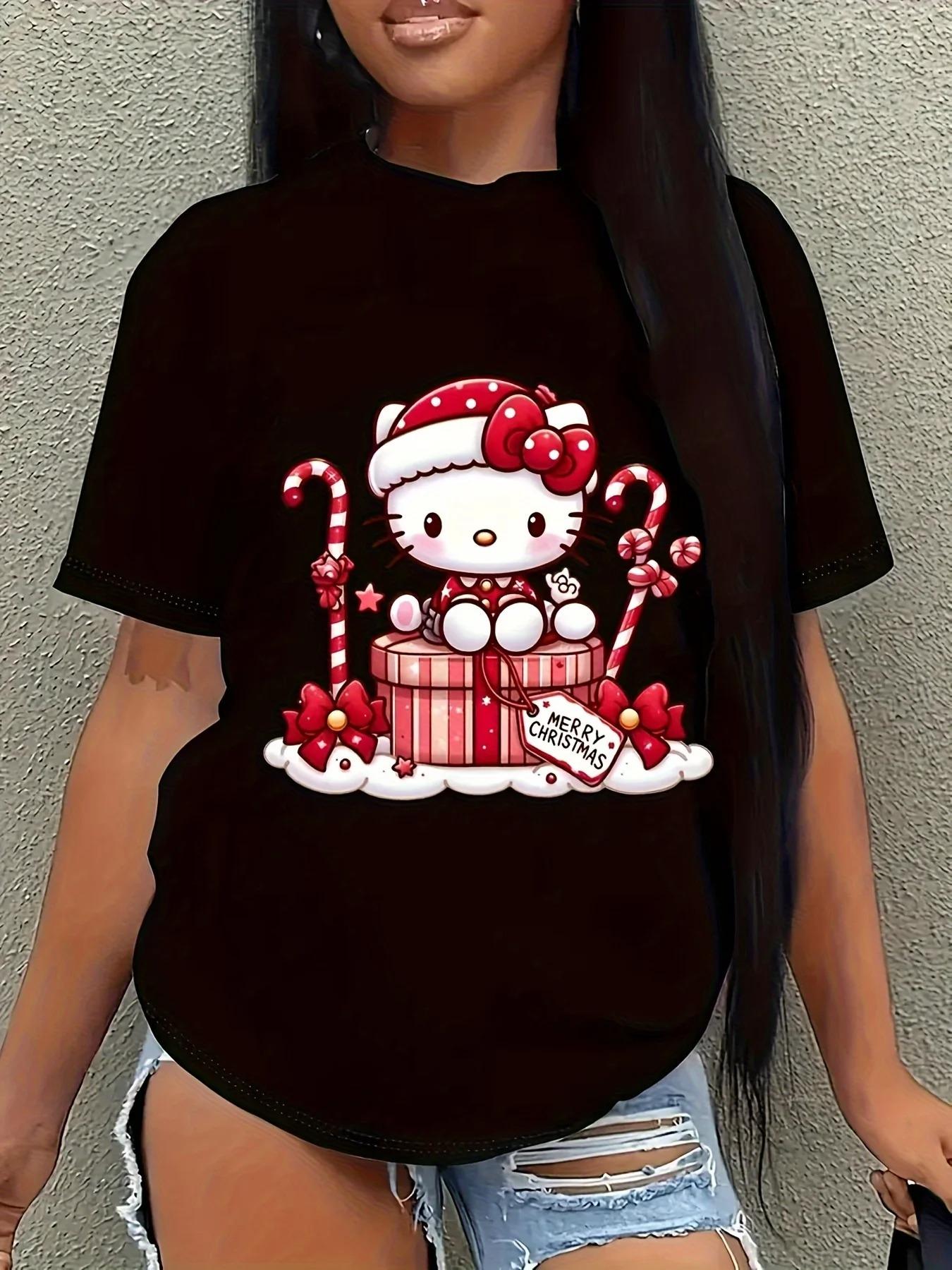 Hello Kitty Womens Christmas Tshirt Style Christmas Top Christmas Dress Christmas Letter Snowflake Casual Tshirt S