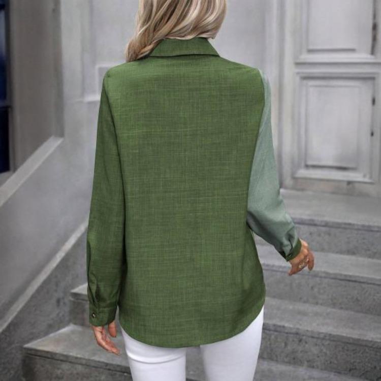 Women Long Sleeve Shirt Lapel Color Blocking Casual Tops Daily Wear Single Breasted Regular Fit