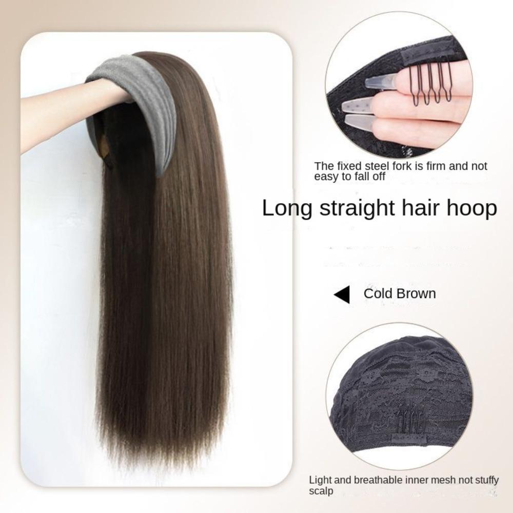Hair Hoop Half Headband Wig Korean Style Long Straight Hair Gray Wide Knit Headband Wig Daily Wear