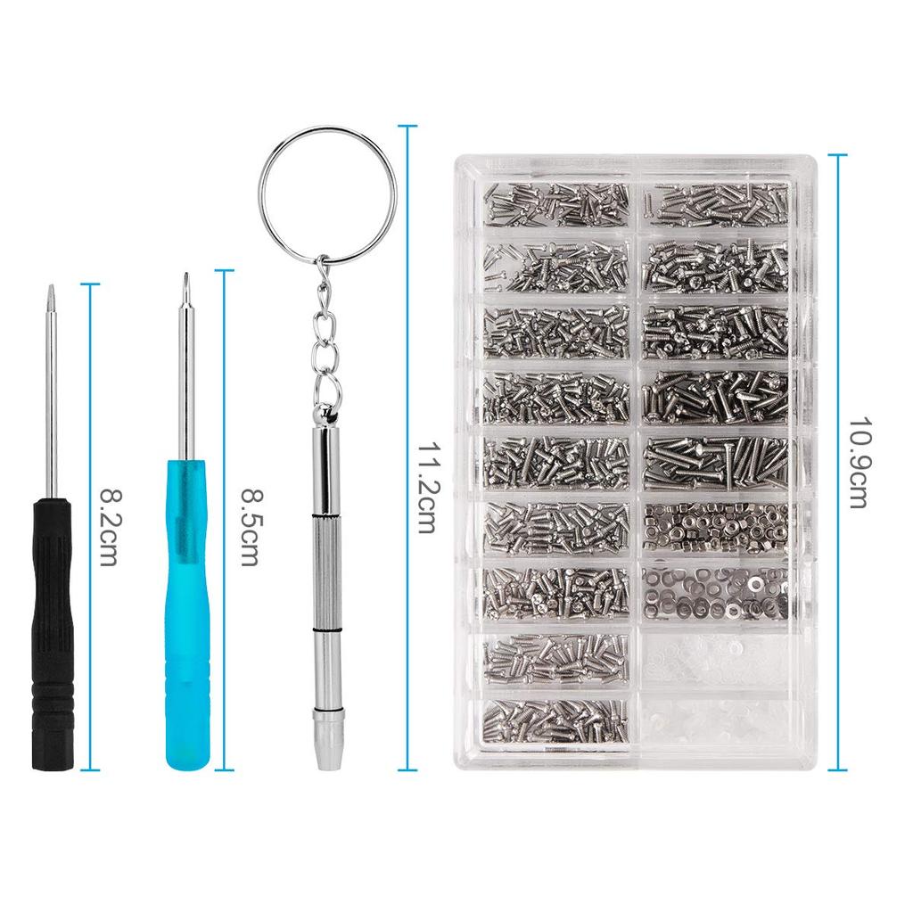 Funshare Stainless Steel Machine Screw Kit for Flat Screw Replacement 1100-Piece Glasses, Sunglasses, Toys, Computers, Nuts, Washers, Watches,