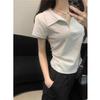 Waist Polo Collar Front Shoulder Short-sleeved T-shirt Women's Summer Cotton Sweet Spice Girl Slim and Thin Short Solid Color V-neck Top