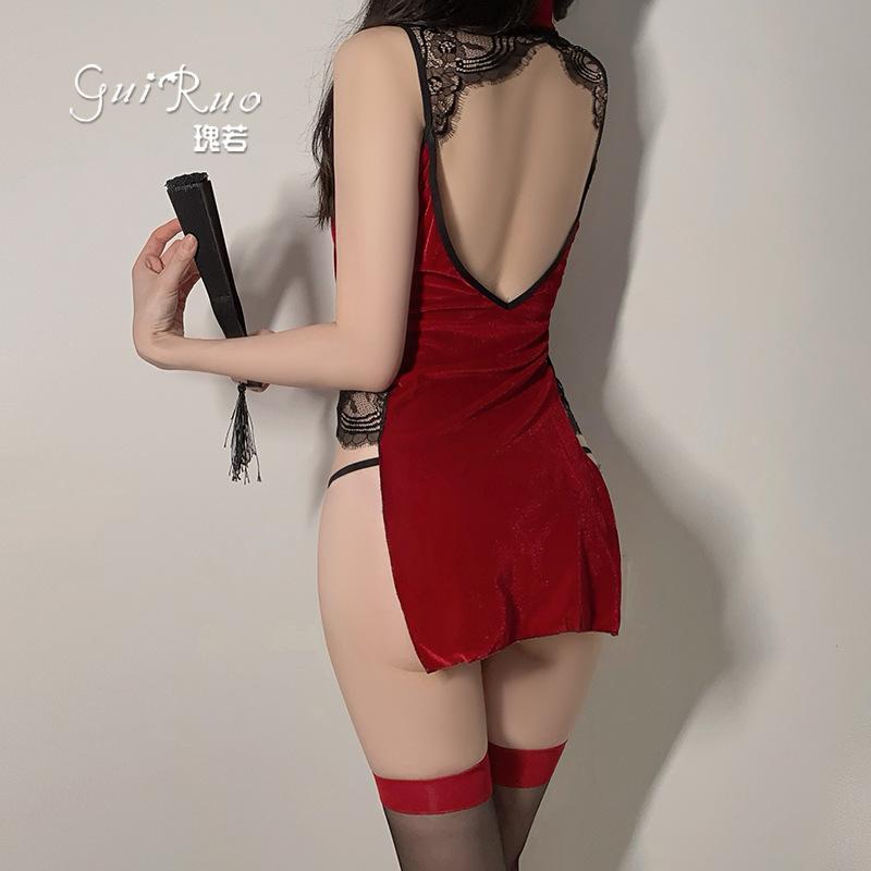 Women's Vintage Mandarin Collar Frog Button Qipao Role Play Costume Lingerie Set