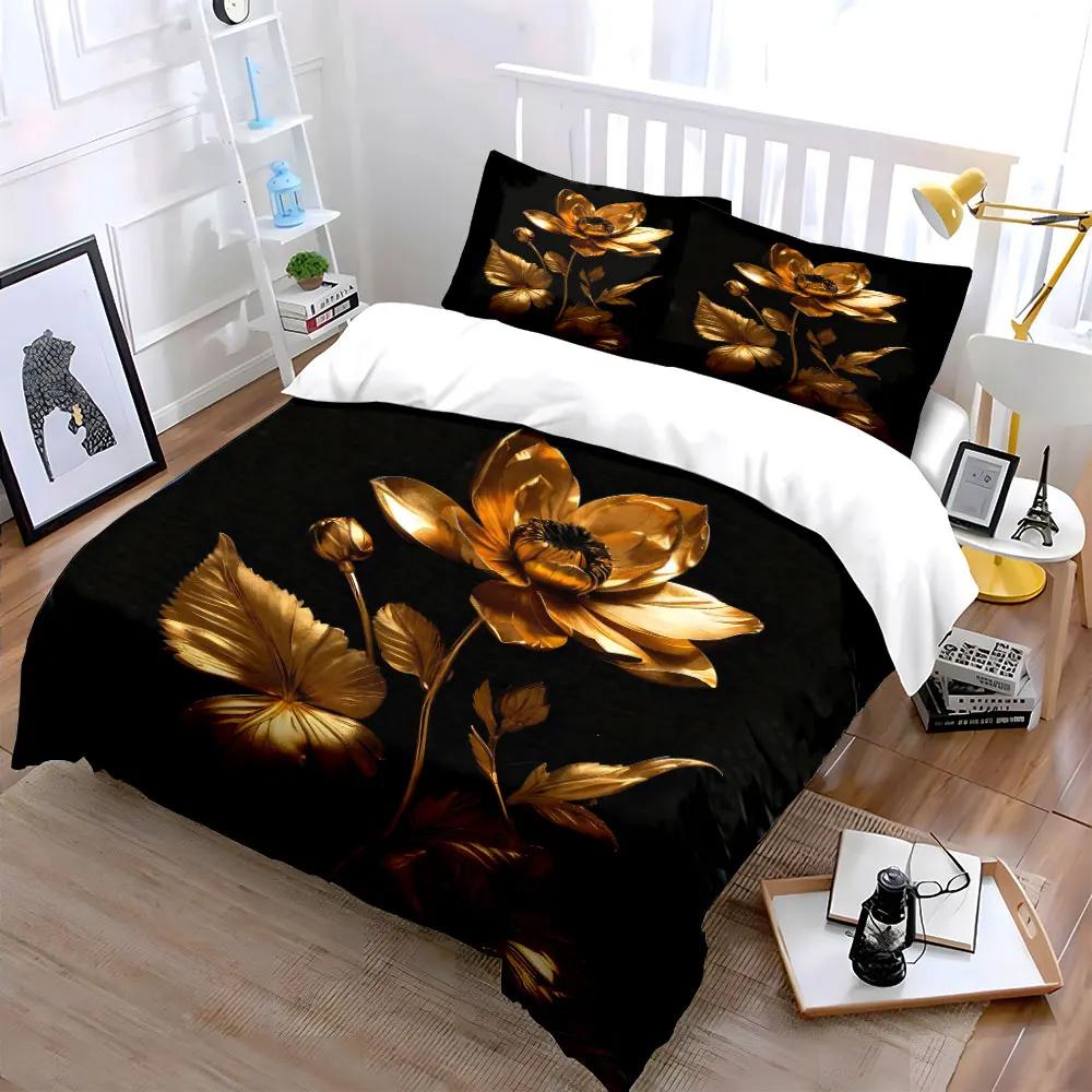 Goldenes Florales Kunstwerk Dekoratives Set Weiche Bequeme Bettbezug Bettwäsche-Set Enthalten 1*Bettbezug & 2*Kissenbezüge Geschenk