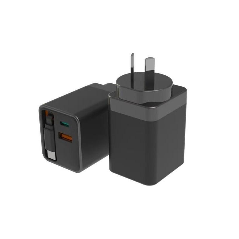 65W Dual Port PD Charger with Retractable Type-C Cable for Fast Charging (A+C)