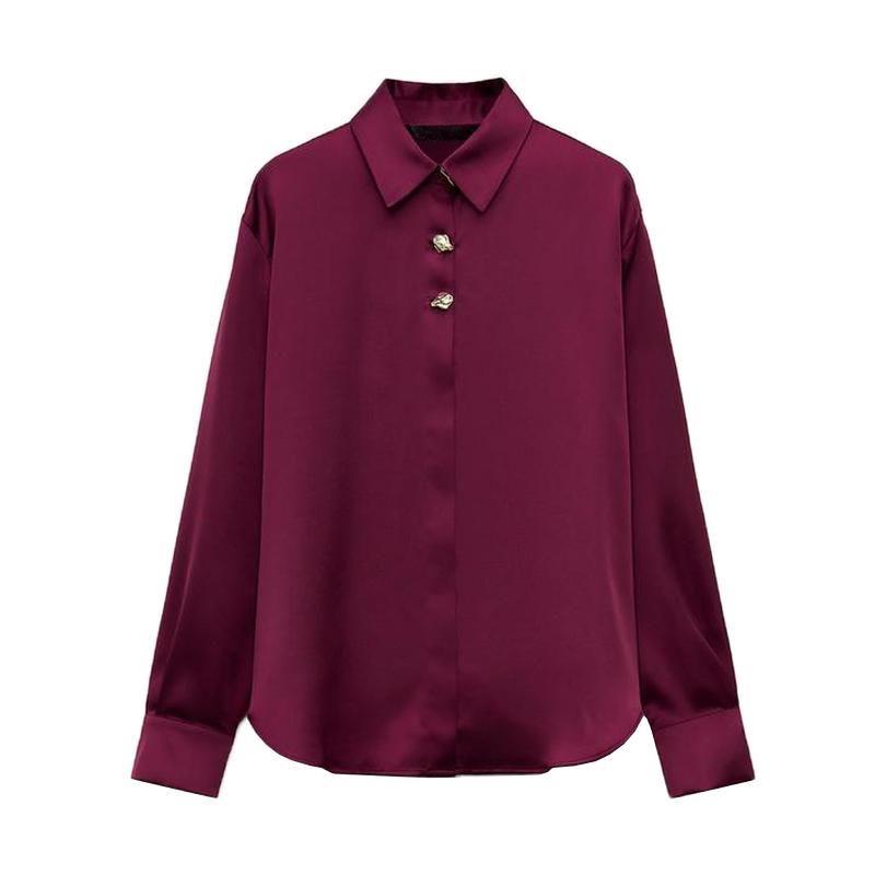 Spring New Women's Clothing French Gold Decorated Row Button Silk Satin Textured Shirt 2138748 9699255