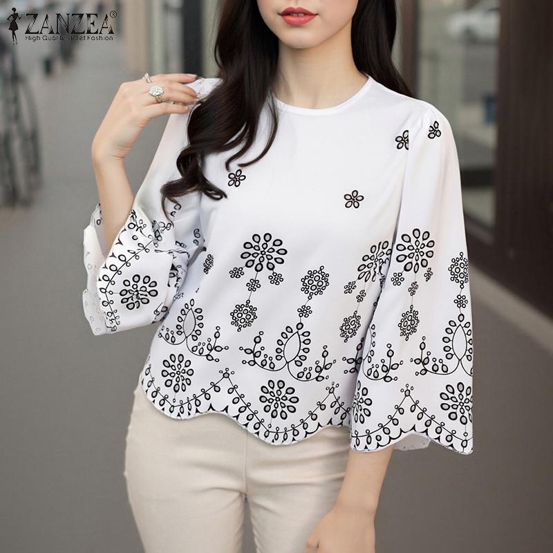 ZANZEA Women Casual Round Neck 3/4 Sleeve Loose Floral Blouse