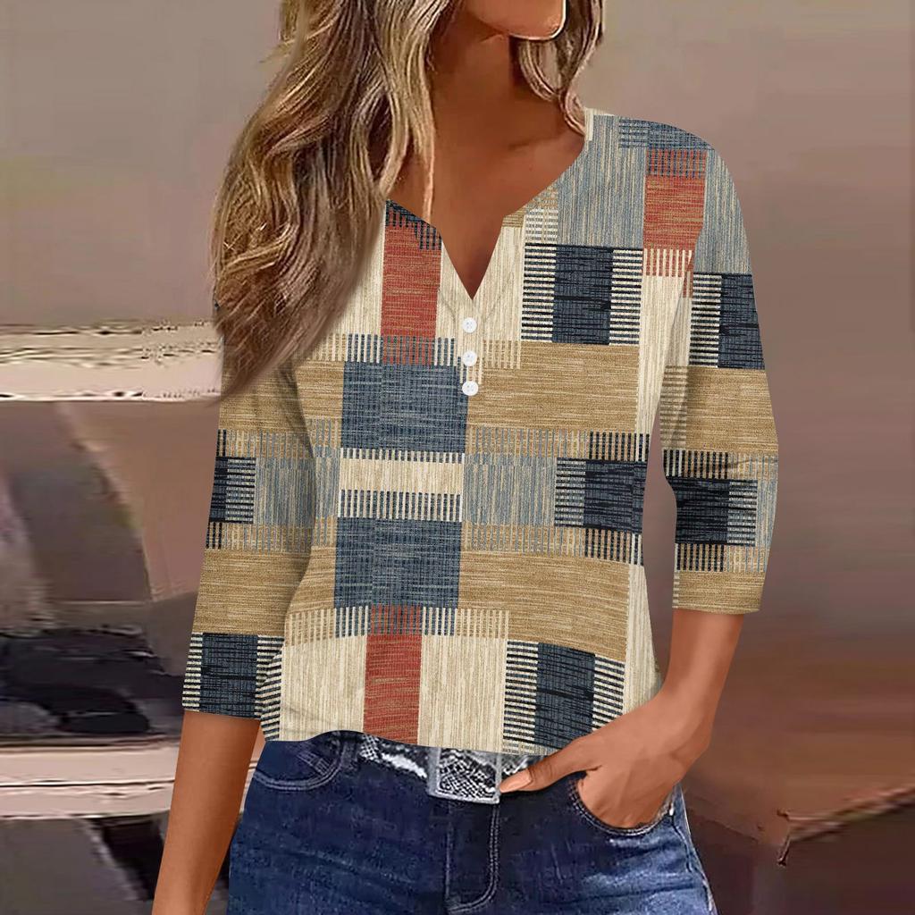 Damen-T-Shirt, T-Shirt, bedruckt, Knopfleiste, 3/4-Ärmel, tägliches Wochenende, modisch, Basic, V-Ausschnitt, normales Oberteil