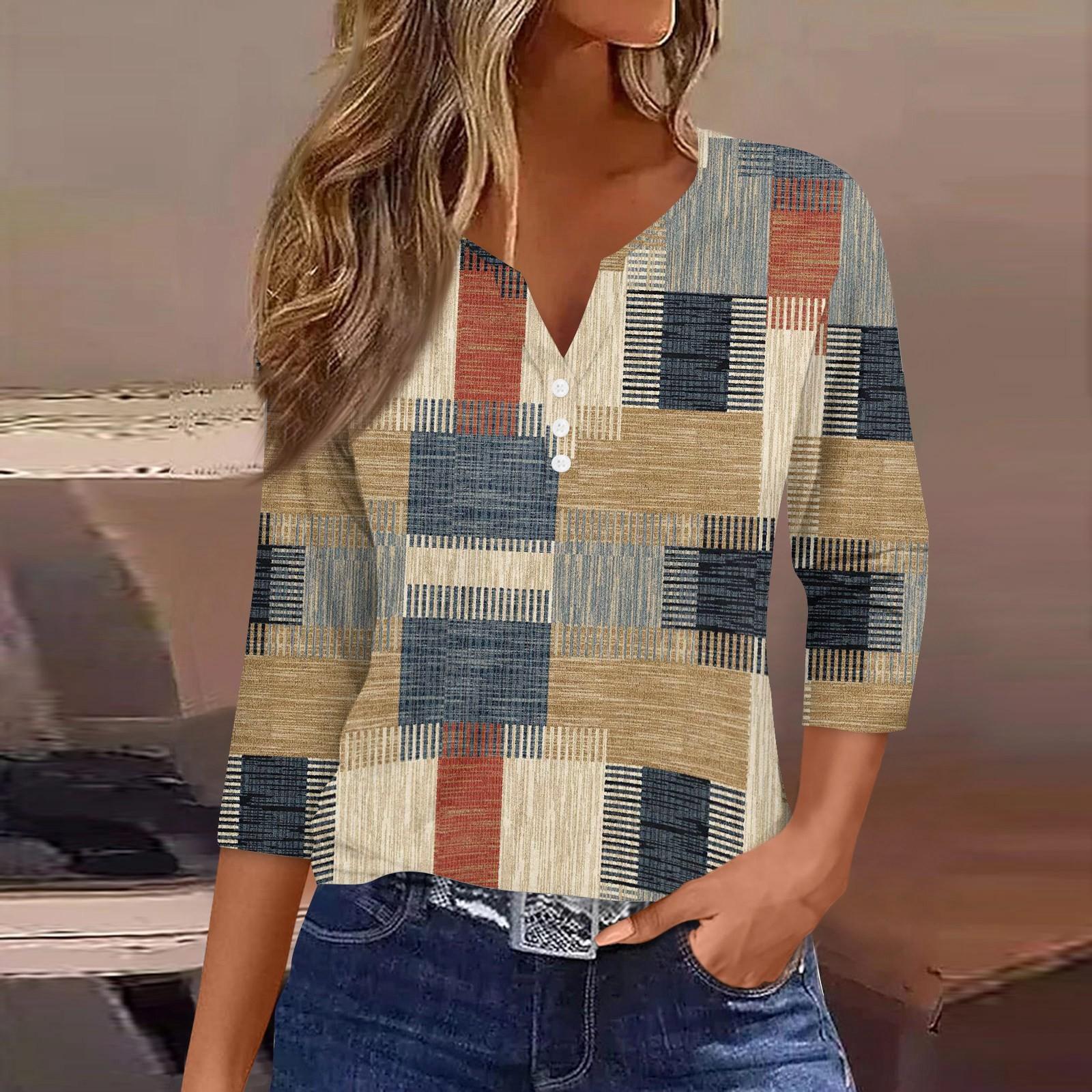 

Жіноча футболка з принтом на ґудзиках, рукав 3/4, щоденна мода на вихідні, базовий V-подібний виріз, звичайний топ L хакі