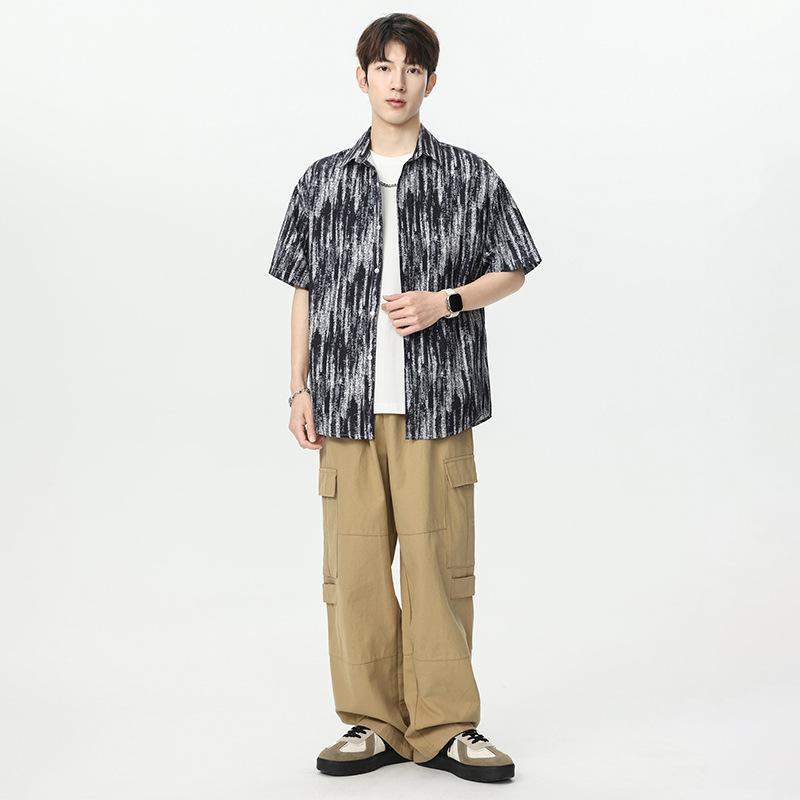 Men's Black White Abstract Stripe Print Short Sleeve Shirt - Oversized Casual Streetwear Summer Button Up