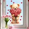Cartoon Cute Teddy Bear with Roses and Hearts Static Cling Window Stickers No Glue for Bedroom Living Room Study Decor