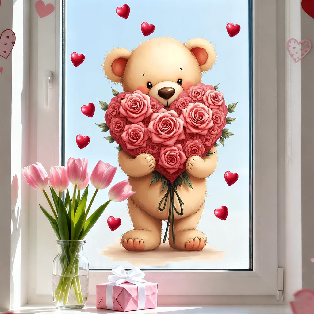 Cartoon Cute Teddy Bear with Roses and Hearts Static Cling Window Stickers No Glue for Bedroom Living Room Study Decor