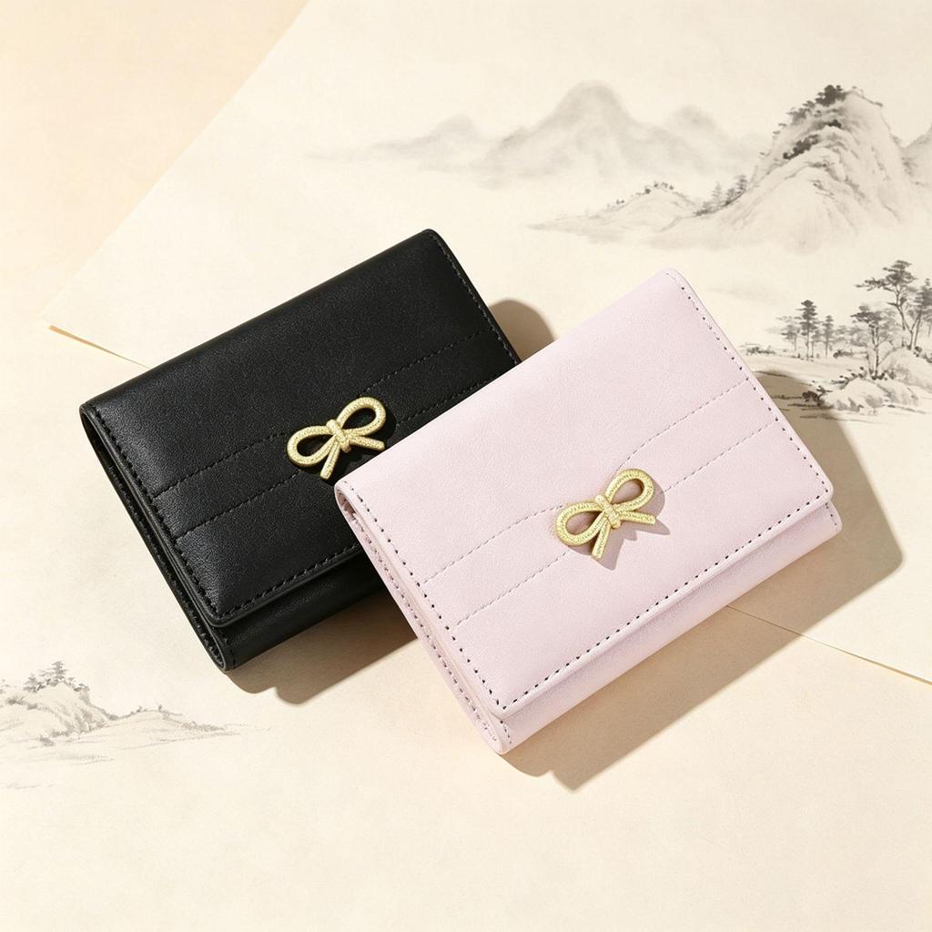 Korean Style Mini Compact Women's Tri-Fold Wallet with Bow Accent