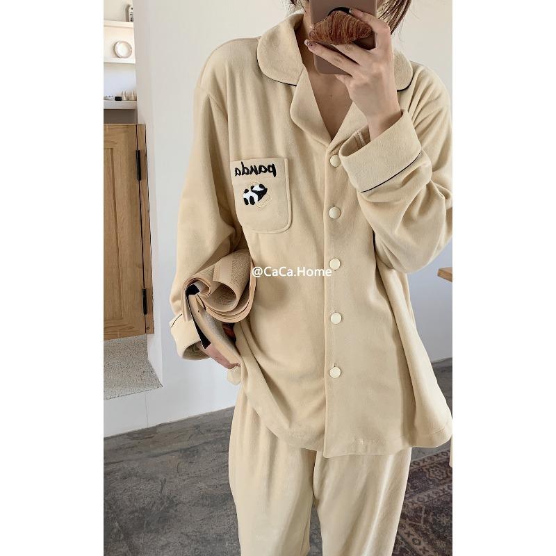 

1 Australian velvet panda pajamas set autumn and winter new thin velvet loungewear two-piece set women s lapel long sleeves to keep warm XL (116-70kg)