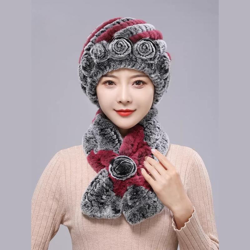 New Rex Rabbit Hair Hat Women's Winter Outdoor Scarf Set Warm Ear Protection Middle-aged and Elderly Fur Fashion