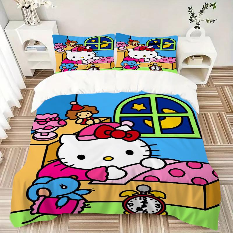 3pcs Goodnight Hello Kitty Bedding Set Includes Quilt Cover and Pillowcases, Suitable for All Seasons, Machine Washable Ideal Gift W026