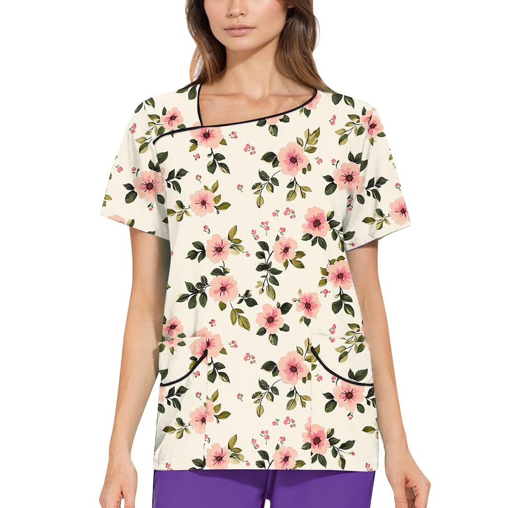 Dámské potištěné pracovní oblečení, šikmý límec a dvojité kapsy, základní top pulovr