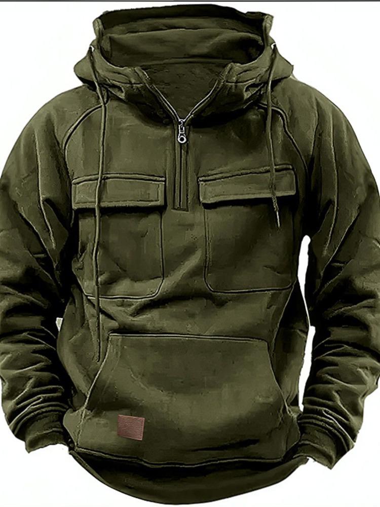 Men's Multi-Pocket Hooded Sweatshirt Jacket - Solid Color, Leather Accents, Spring/Autumn Style for European and American Youth