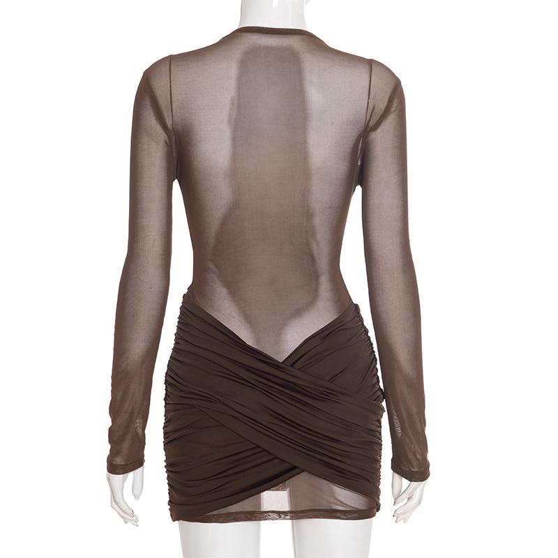 Sexy Round Neck Long Sleeve Mesh Patchwork Dress - Women's Autumn/Winter European & American Style