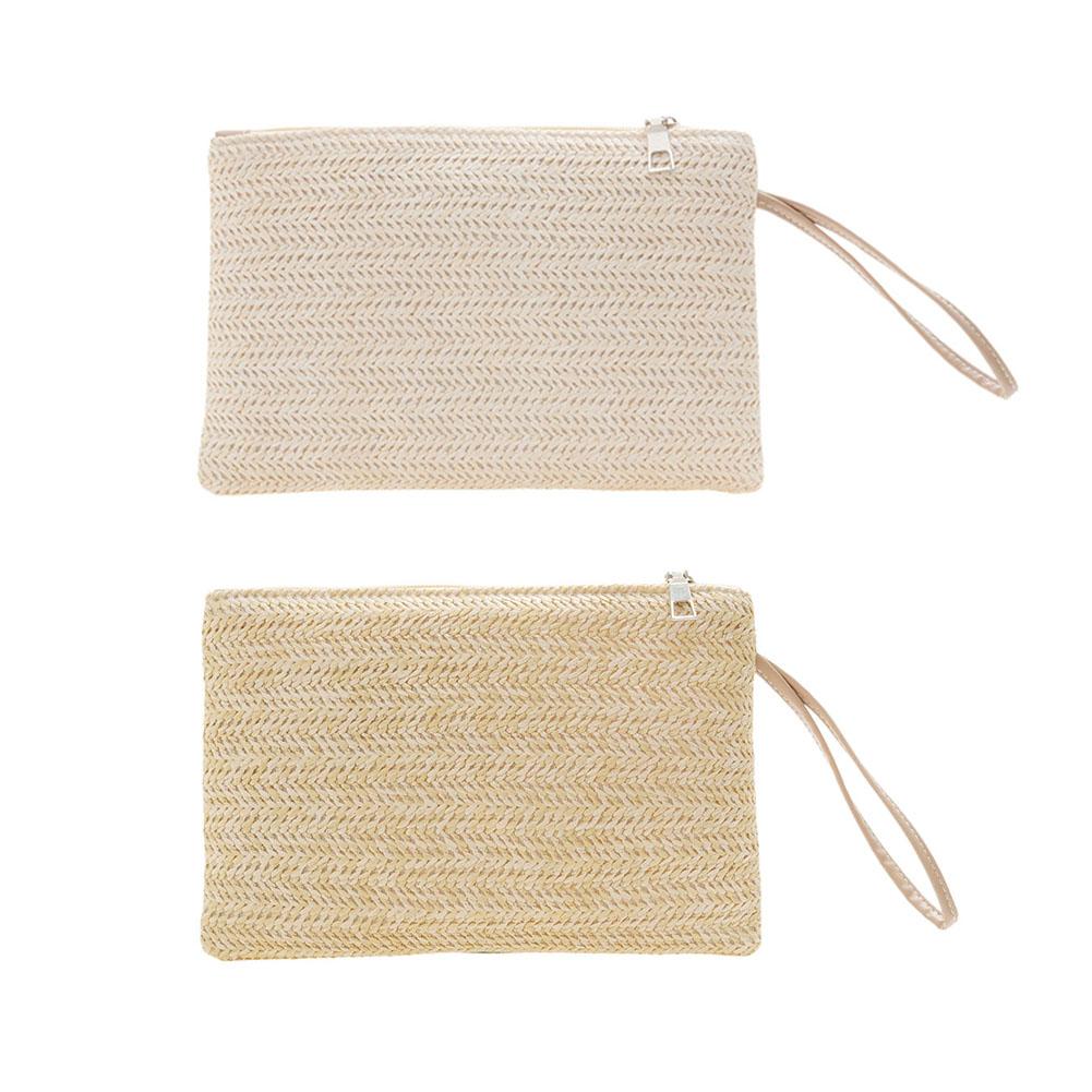 Women Bohemian Style Beach Summer Woven Clutch Wristlet Bag Solid Color Purse