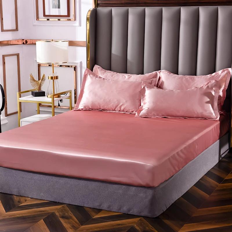 

3 шт. простыня на резинке из атласного шелка с наволочками защитный чехол для матраса Queen King покрывало 2024 150x200cm светло-розовый