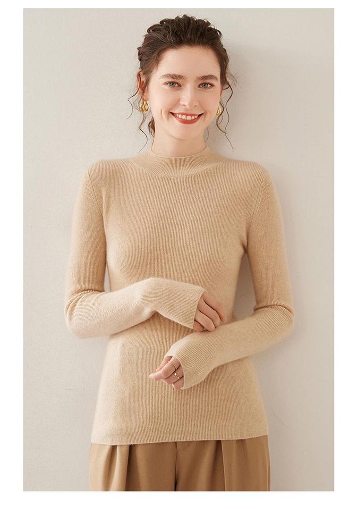 Women's Cashmere Knit Half-High Neck Sweater - Versatile Autumn/Winter Base Layer Top