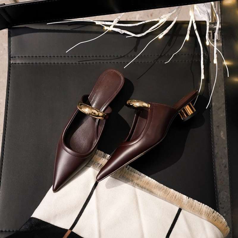 French simple pointed Müller slippers women's 2025 summer new retro fashion metal bag head thick heel half slippers