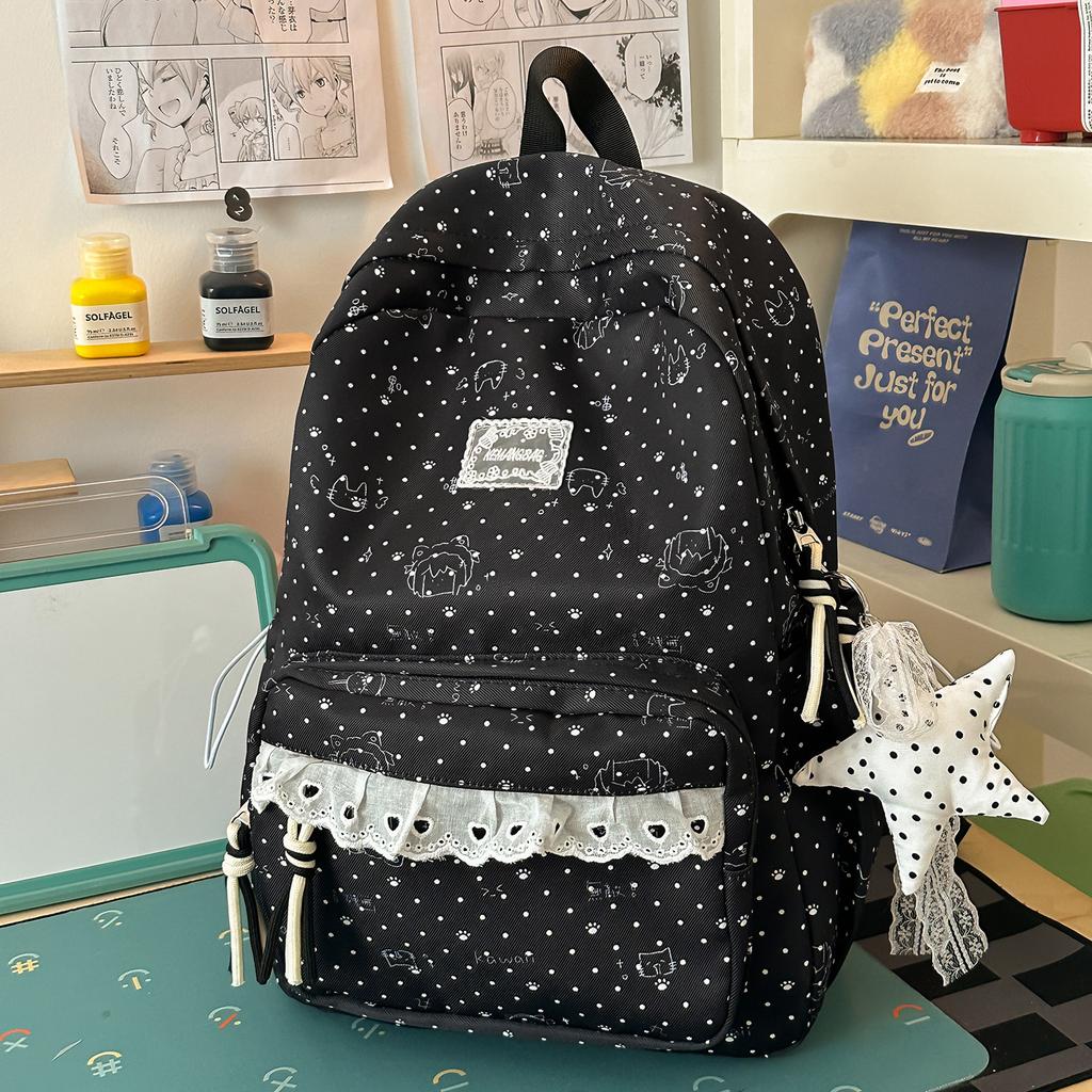 Schoolbag Japanese ins style cute cartoon print ballet style lace sweet soft sister travel leisure backpack