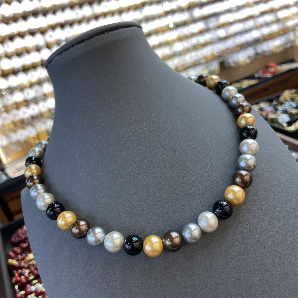Ni Ni'S Same Bead 10Mm Five-Color Necklace, Black And White Gold And Silver Fashionable Versatile Beaded Collarbone Chain, Neck Chain.