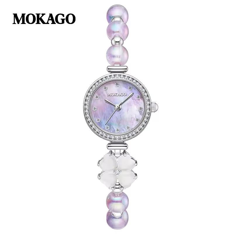 MOKAGO 8139 Elegant Pearl Studded Diamond Bracelet Watch Shell Mother Plate Pulling Chain Watch Exquisite Women s Quartz Watch серебряный/фиолетовый