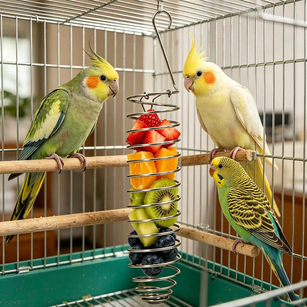 Stainless Steel Parrot Forager Feeder Durable Outdoor Bird Feeding Device Spiral Design Natural Fruit Basket for Small Pets
