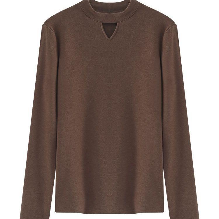 Semi-turtleneck Bottoming Shirt Women's Long-sleeved Autumn and Winter New Hollow-out Inner Velvet Thickened Top